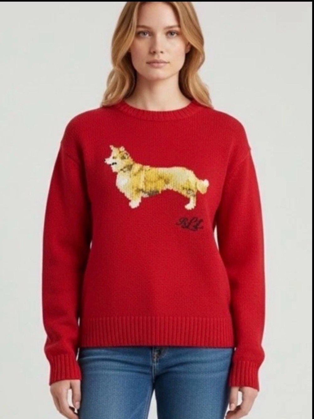 Ralph Lauren Intarsia-Knit Corgi Dog Cotton Red Crewneck Sweater Size XS NWT
